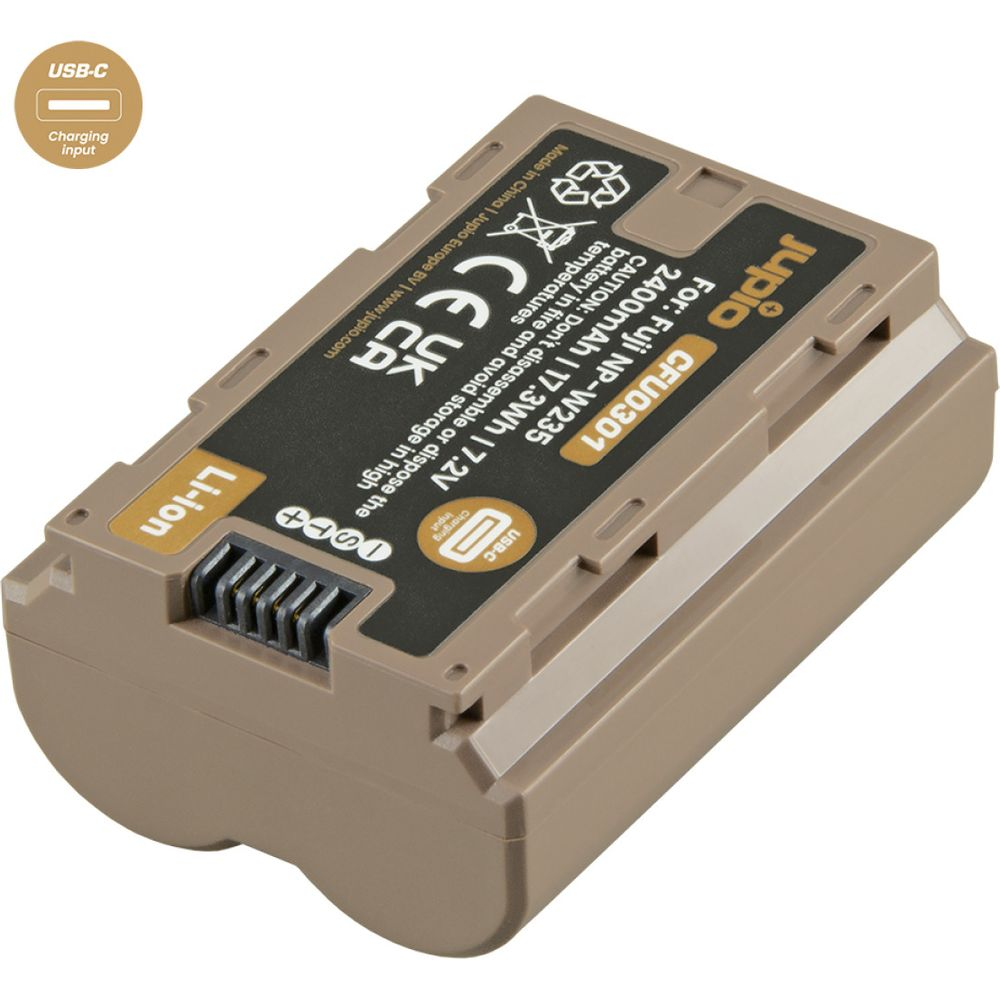 Una batteria Jupio CFU0301 per Fuji NP-W235 con ingresso di ricarica USB-C.