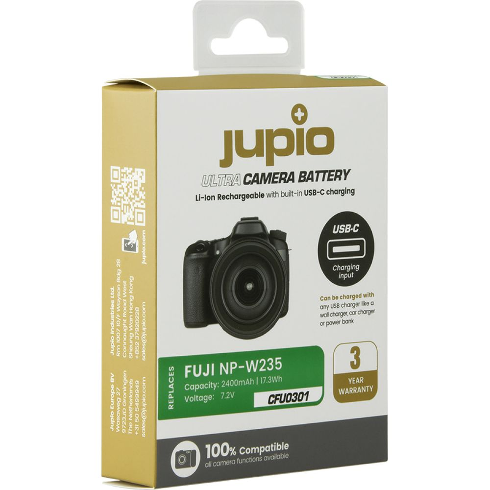 Confezione batteria Jupio con immagine fotocamera, indicatore di carica USB-C e garanzia.