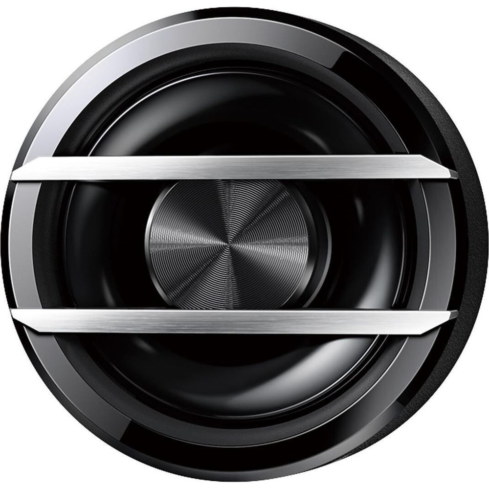 Haut-parleur noir avec accents argentés et cercles concentriques au centre.