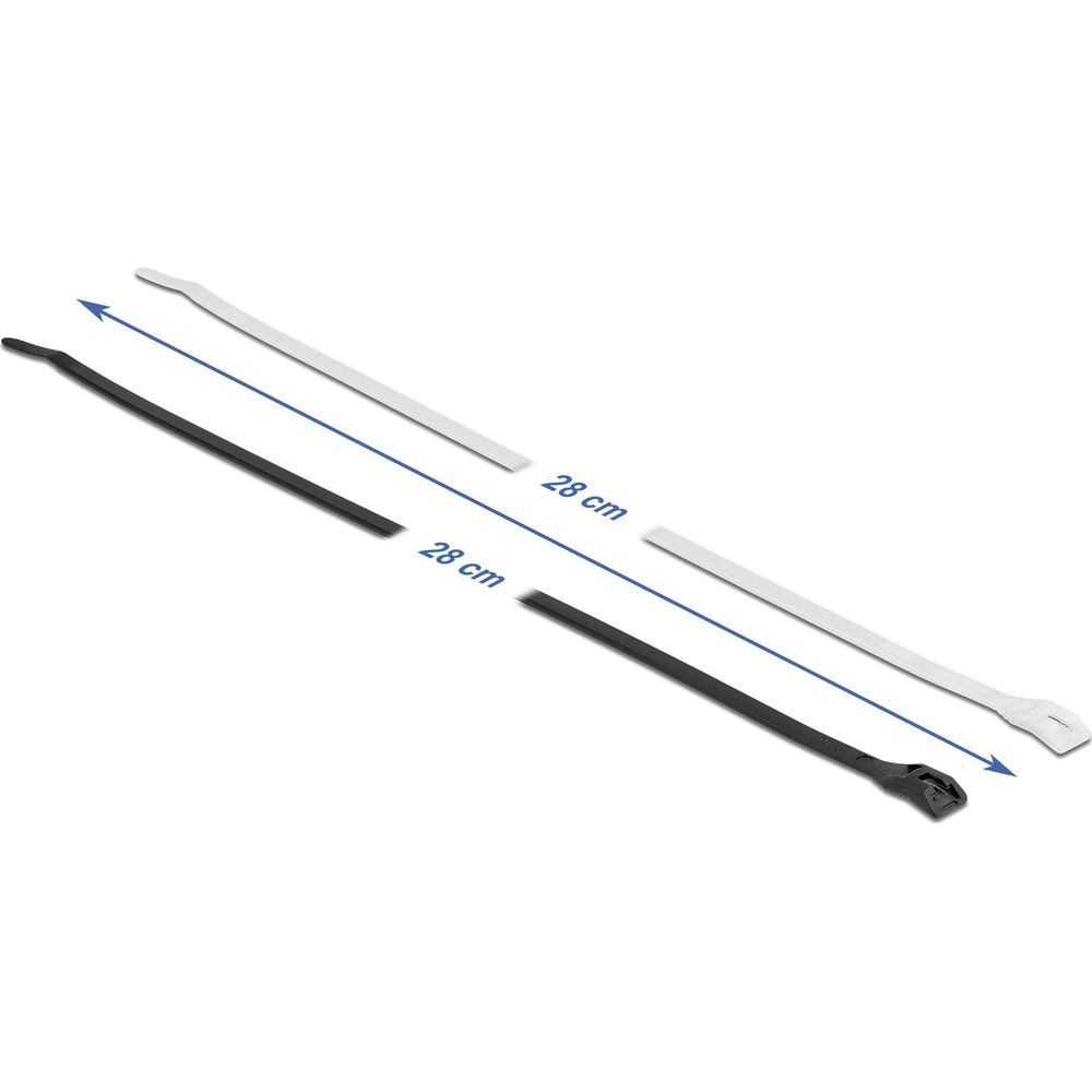 Zwei 28 cm lange Kabelbinder, einer schwarz, einer weiß, mit Längenangabe.