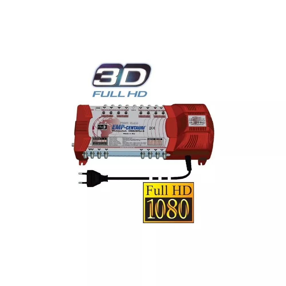 Ein roter Multiswitch mit "3D FULL HD 1080"-Aufschrift und Kabeln.
