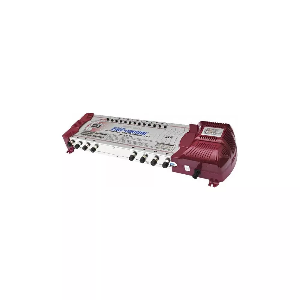 Ein rotes elektronisches Gerät mit vielen Anschlüssen und Beschriftungen.
