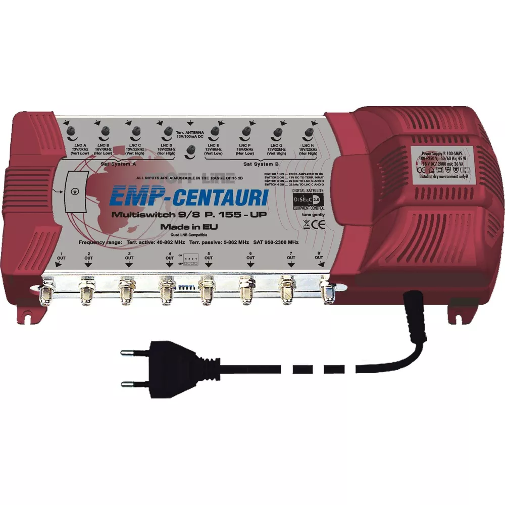 Ein roter EMP-Centauri Multiswitch mit vielen Anschlüssen und einem Netzkabel.