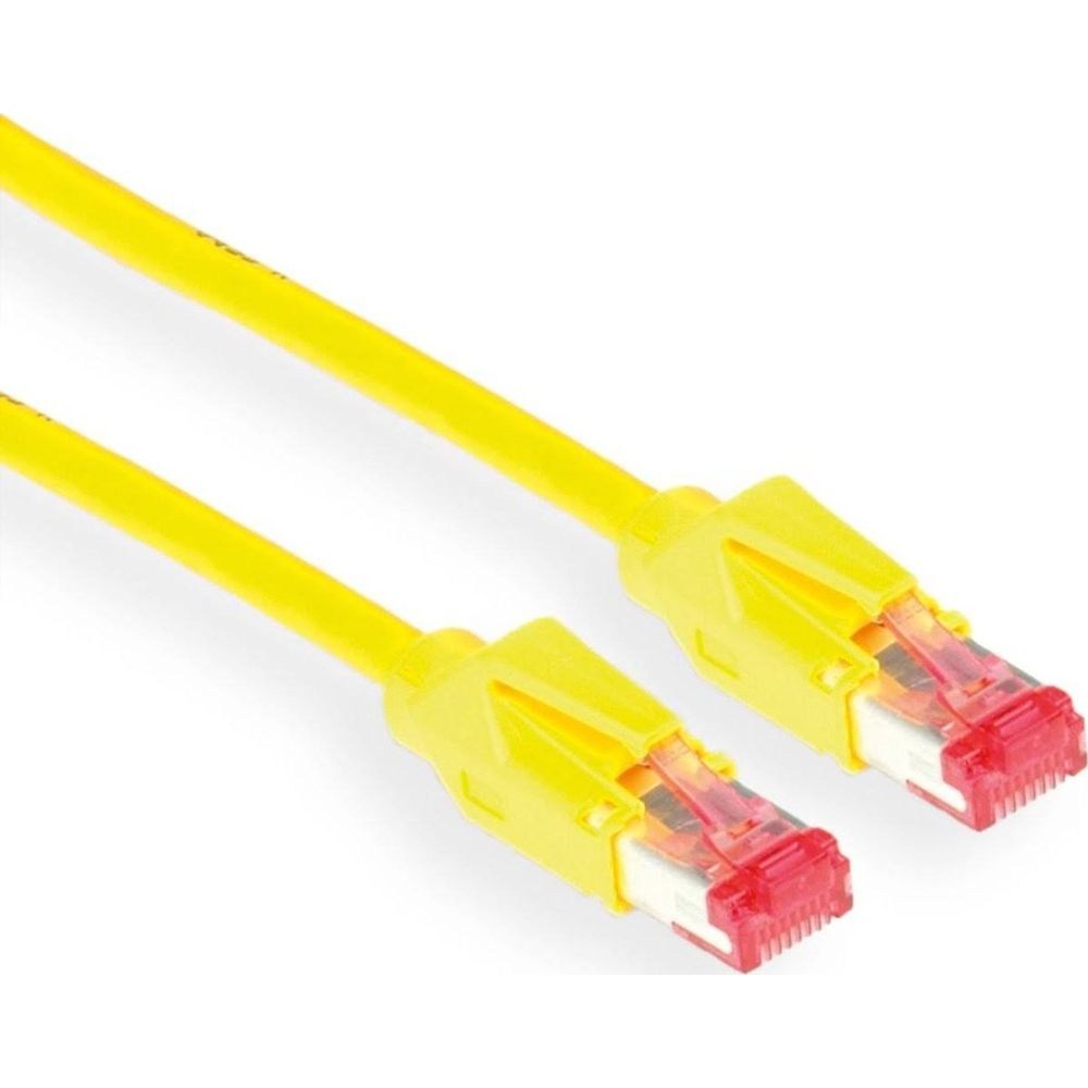 Deux câbles réseau jaunes avec connecteurs rouges transparents.