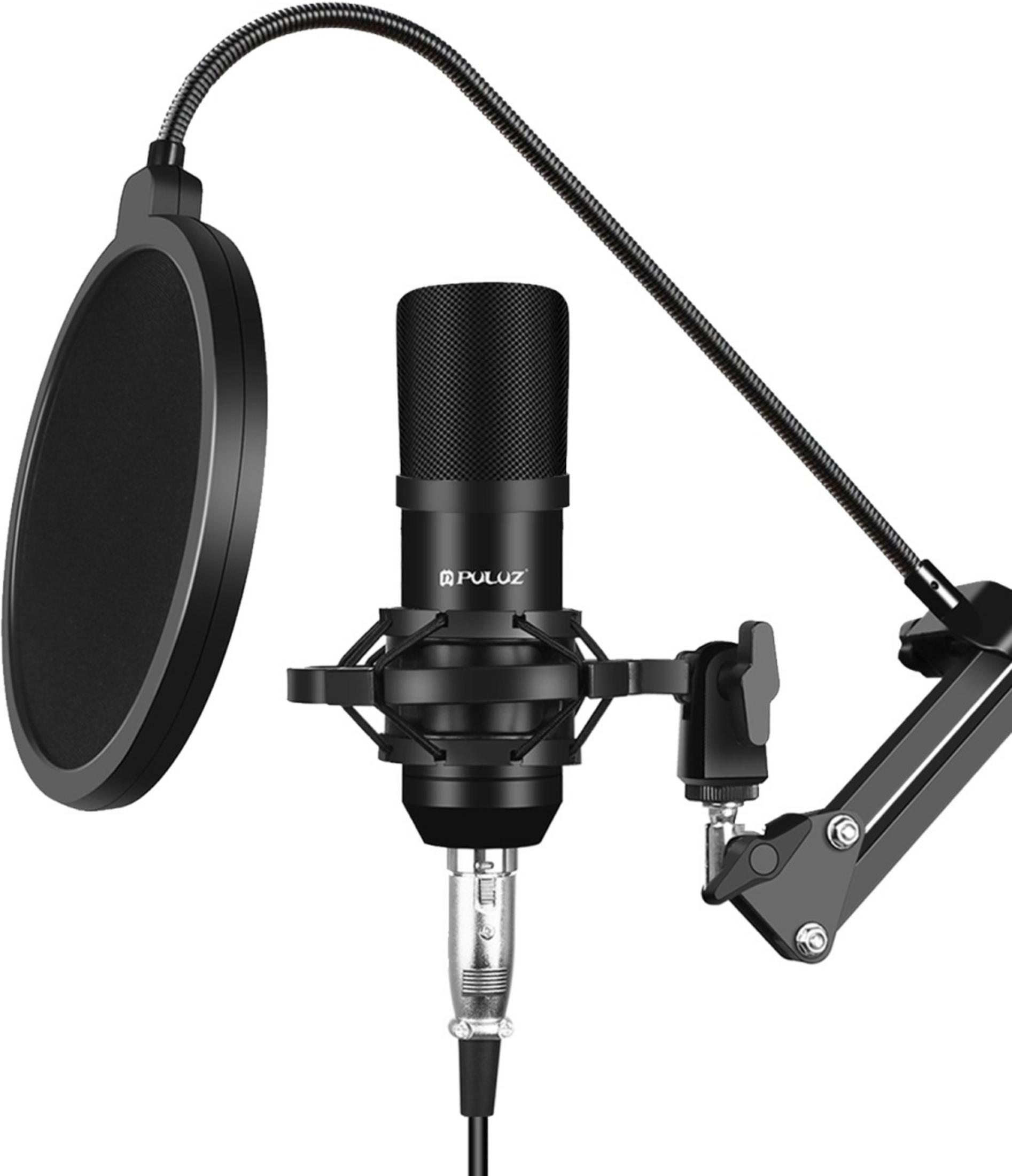 Schwarzes Kondensatormikrofon mit Popfilter und Mikrofonarm auf weißem Hintergrund.