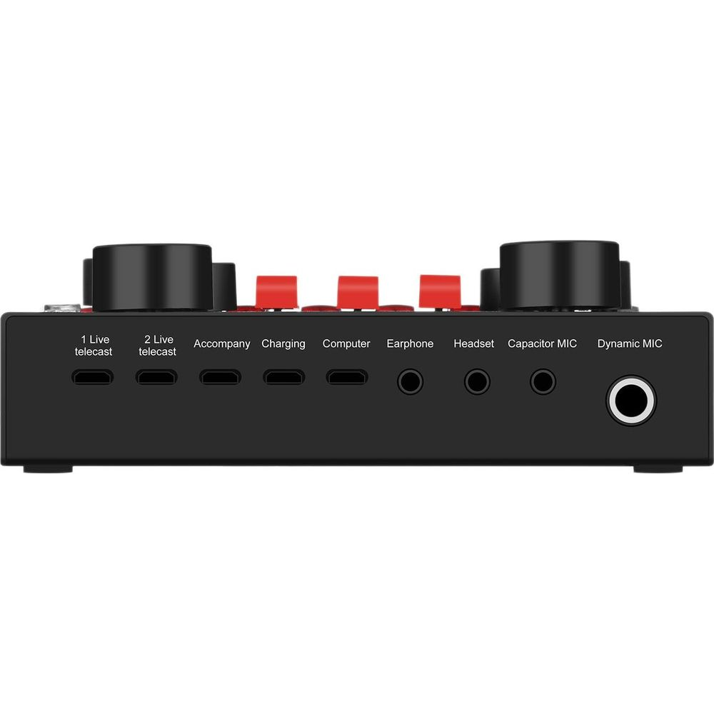 Schwarzer Audiomixer mit Knöpfen, Tasten und beschrifteten Anschlüssen für Live-Übertragungen, Computer und Mikrofone.
