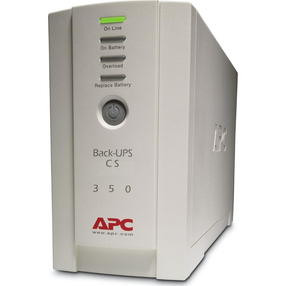 Ein weißes APC Back-UPS CS 350 mit Statusleuchten und Power-Knopf.