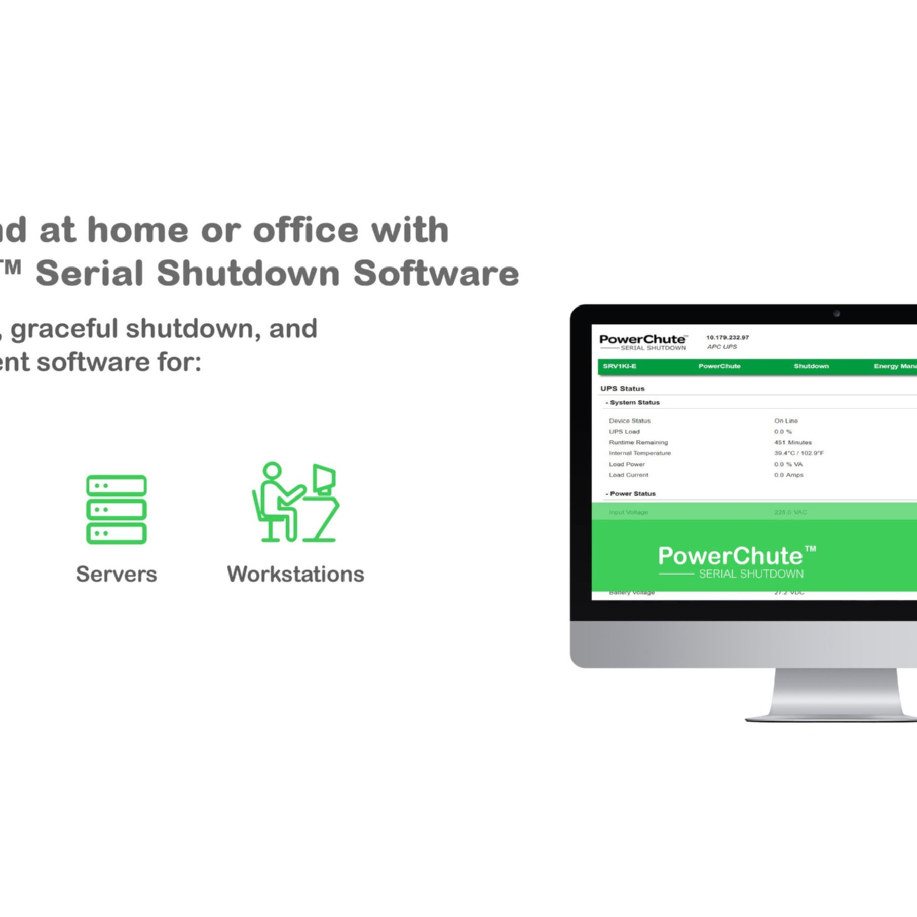 Ein Monitor zeigt die PowerChute-Software mit UPS-Statusdetails. Links sind Server- und Workstation-Symbole.