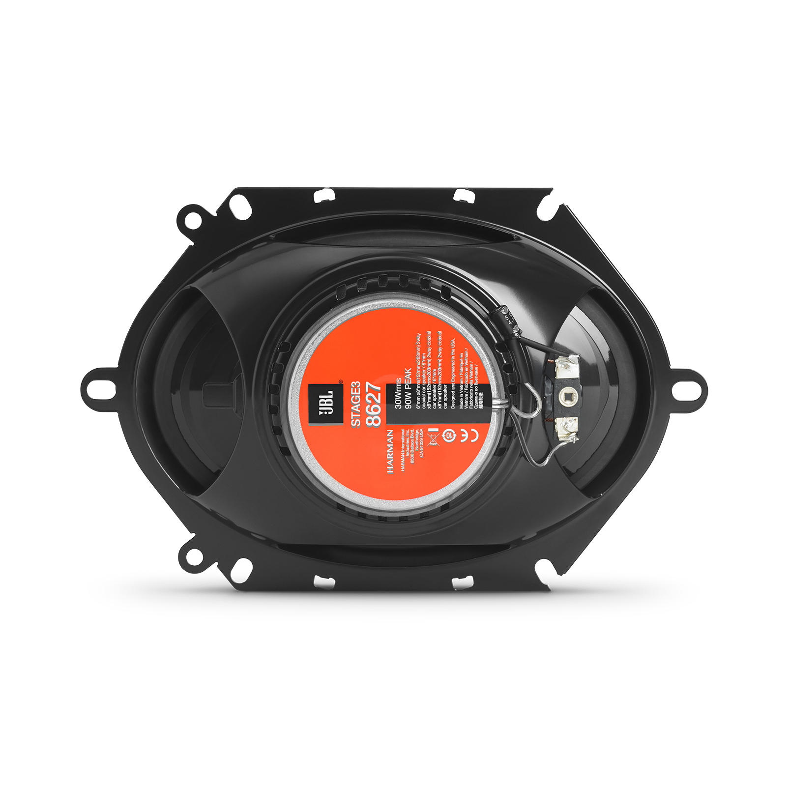 Altoparlante JBL Stage3 8627 con telaio nero e cono arancione.