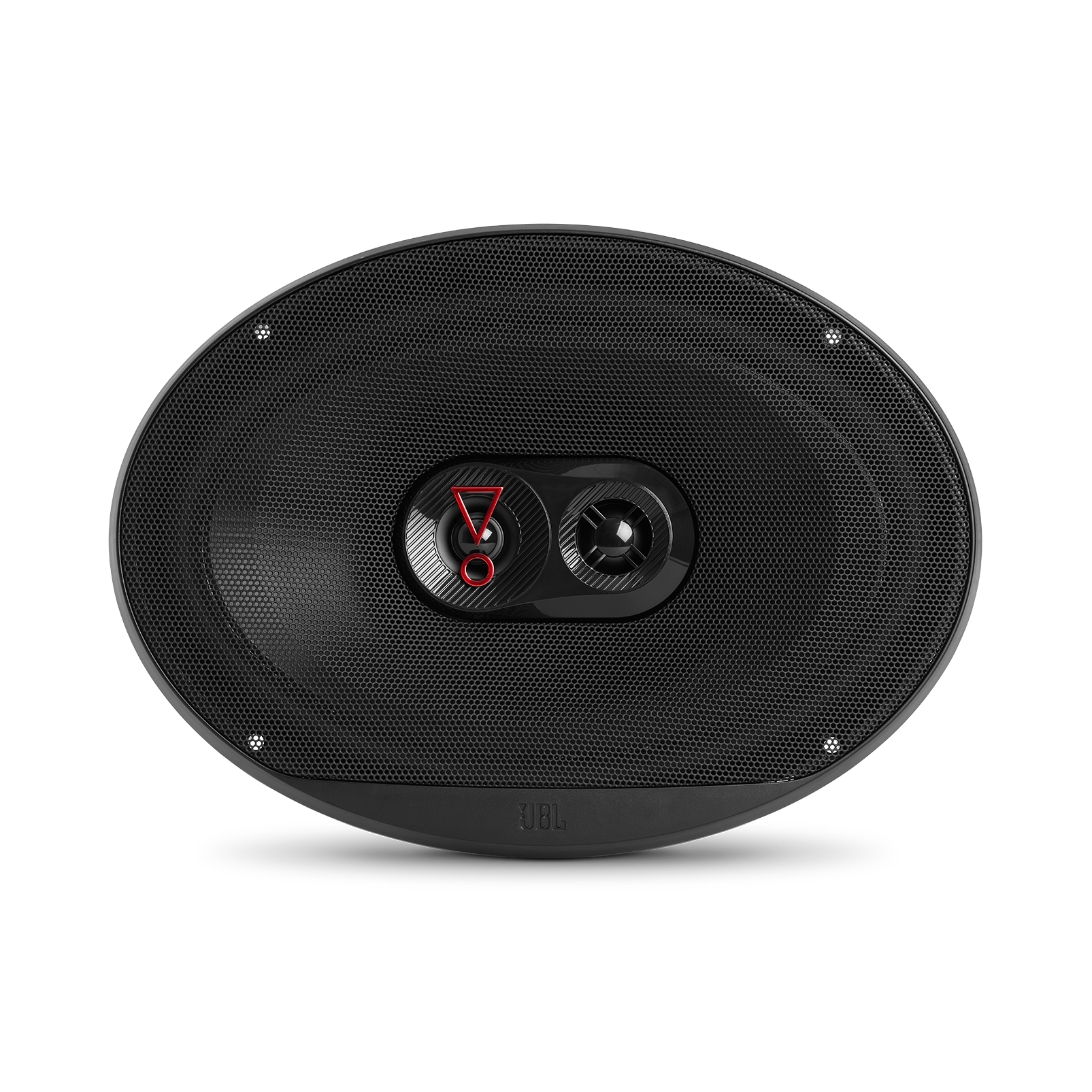 Un altoparlante ovale nero con logo JBL e simbolo triangolo rosso.