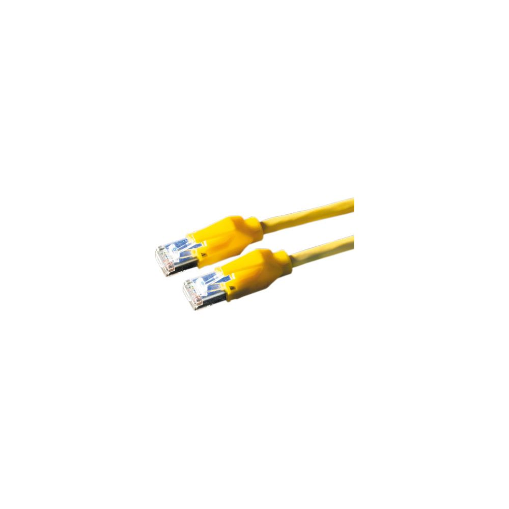 Deux câbles Ethernet jaunes avec connecteurs transparents sur fond blanc.