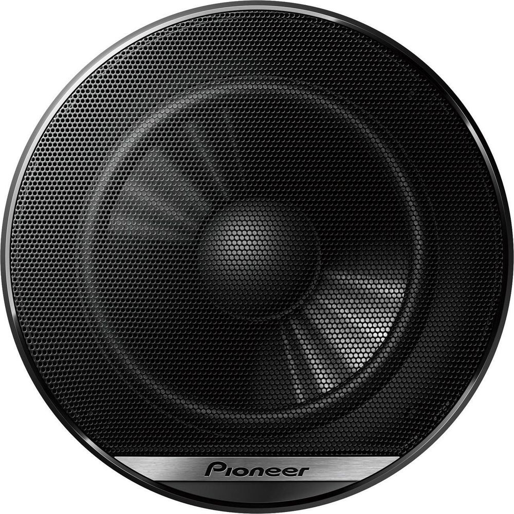 Haut-parleur Pioneer noir avec bande argentée et motif en grille.