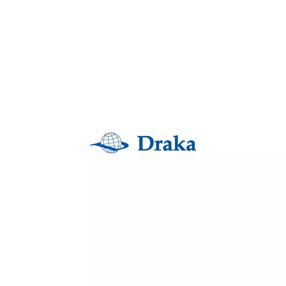 Logo Draka avec globe bleu et flèche.