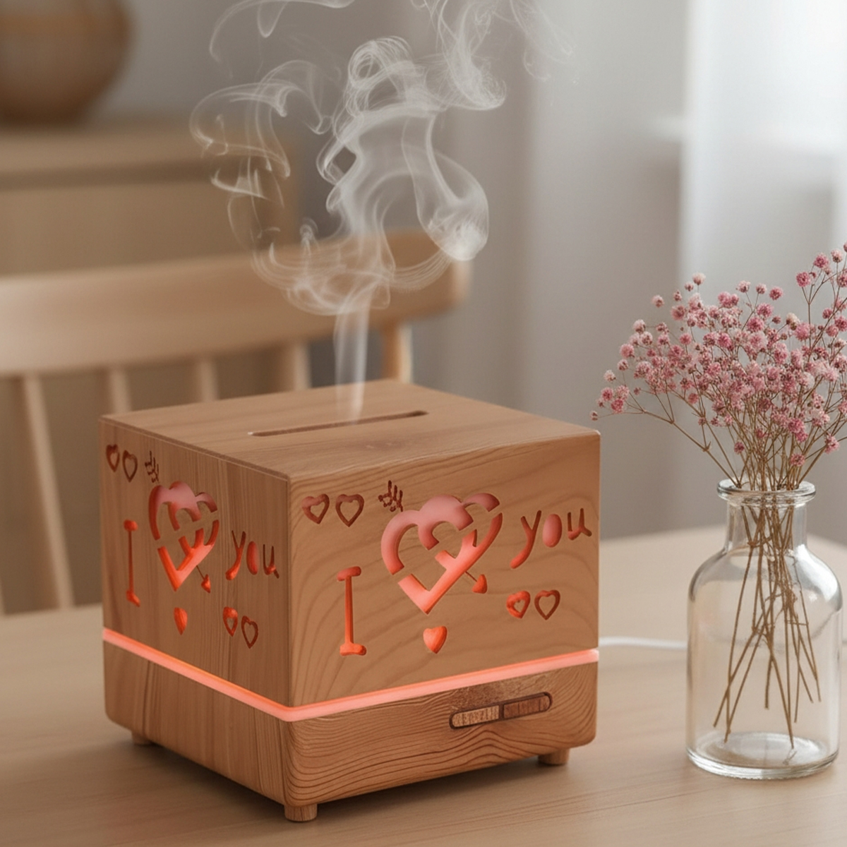 Un diffusore in legno con cuori intagliati, che emette fumo, accanto a un vaso di fiori rosa.