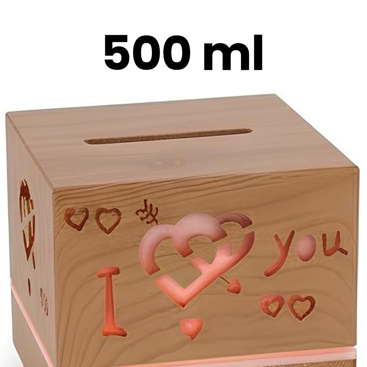 Scatola di legno con disegni a cuore e scritta "I love you", 500 ml.