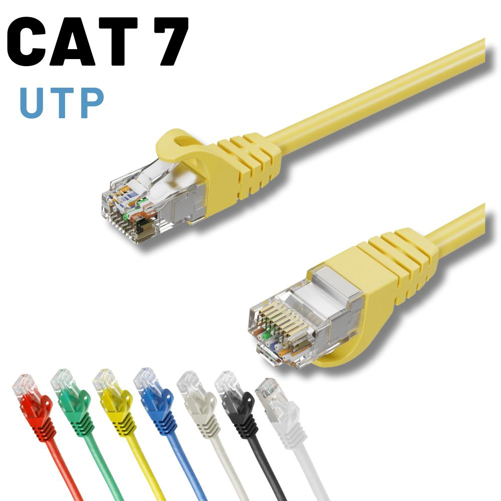 RJ45 konnektörlü iki sarı CAT 7 UTP ağ kablosu ve çeşitli renklerde yedi kablo.