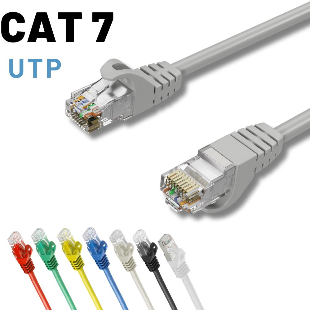 Şeffaf konektörlü iki gri Cat 7 UTP ağ kablosu çapraz yatıyor. Altta kırmızı, yeşil, sarı, mavi, gri, siyah ve beyaz renklerde yedi kablo var.