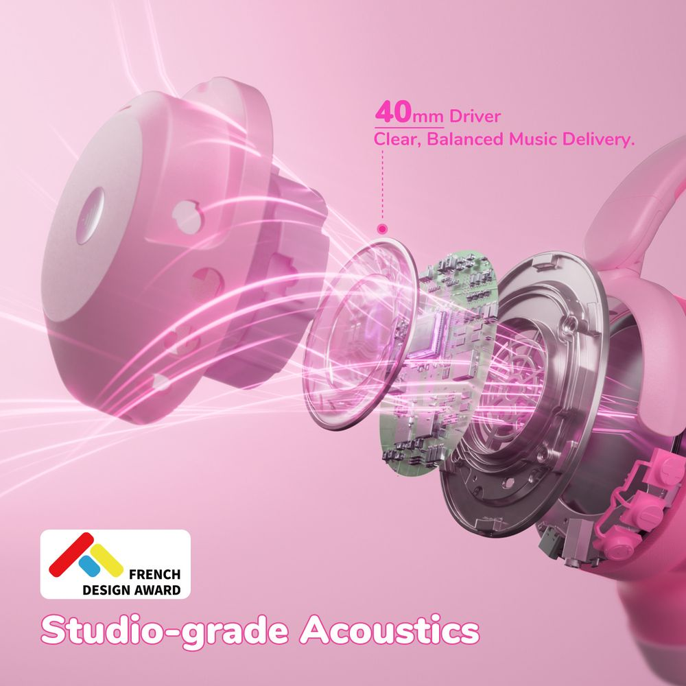 Vue éclatée d'un casque rose, montrant le pilote de 40 mm et l'acoustique de studio.