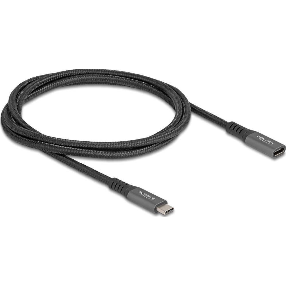 Ein schwarzes USB-C-Kabel mit zwei Anschlüssen auf weißem Hintergrund.