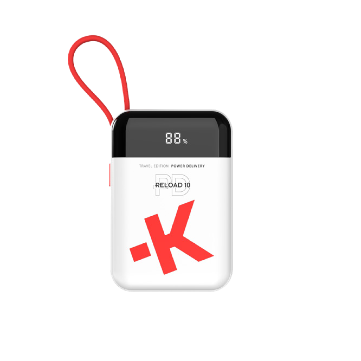 Batterie externe blanche avec lanière rouge, 88% affichés.