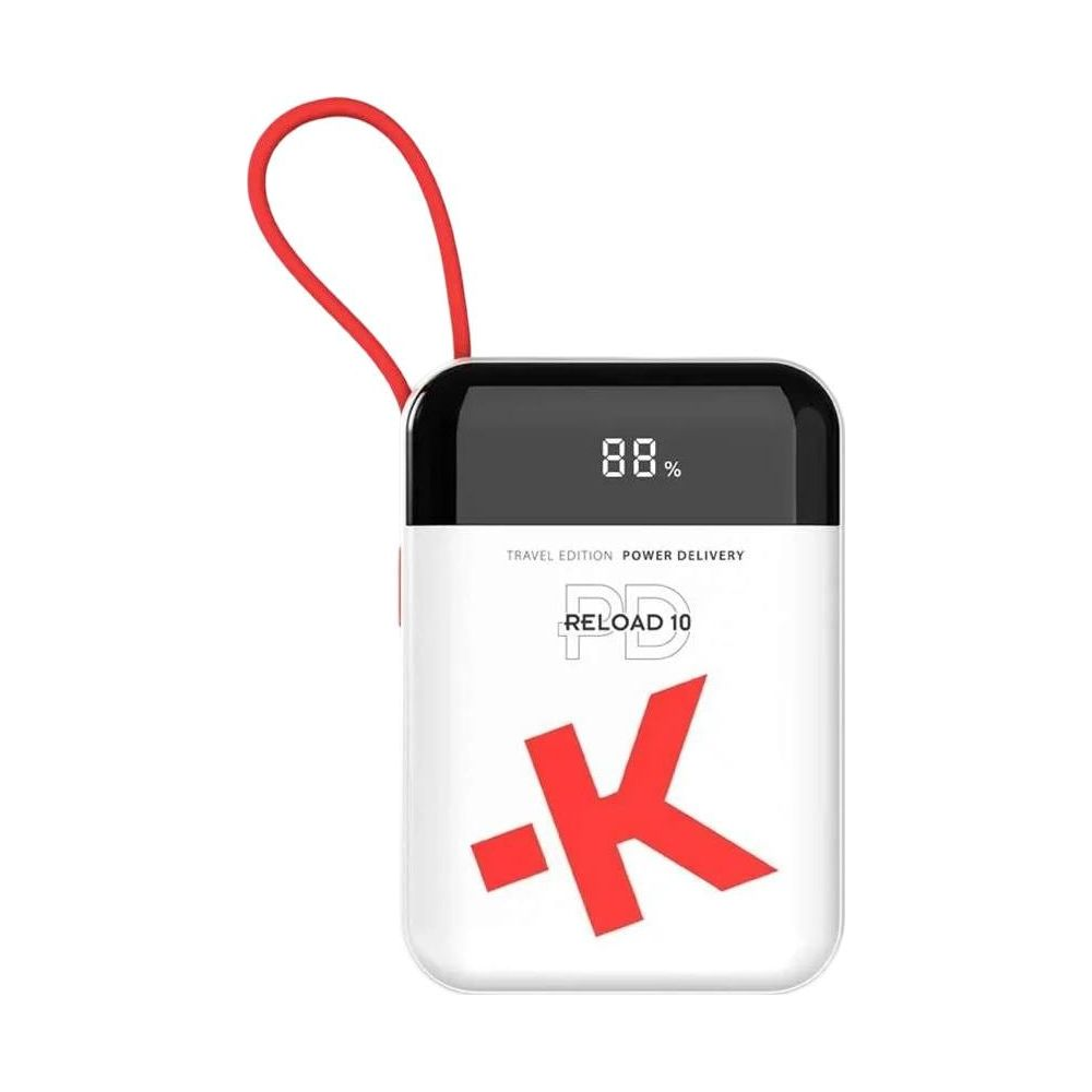 Une batterie externe blanche avec logo rouge et lanière rouge. Niveau batterie 88%.