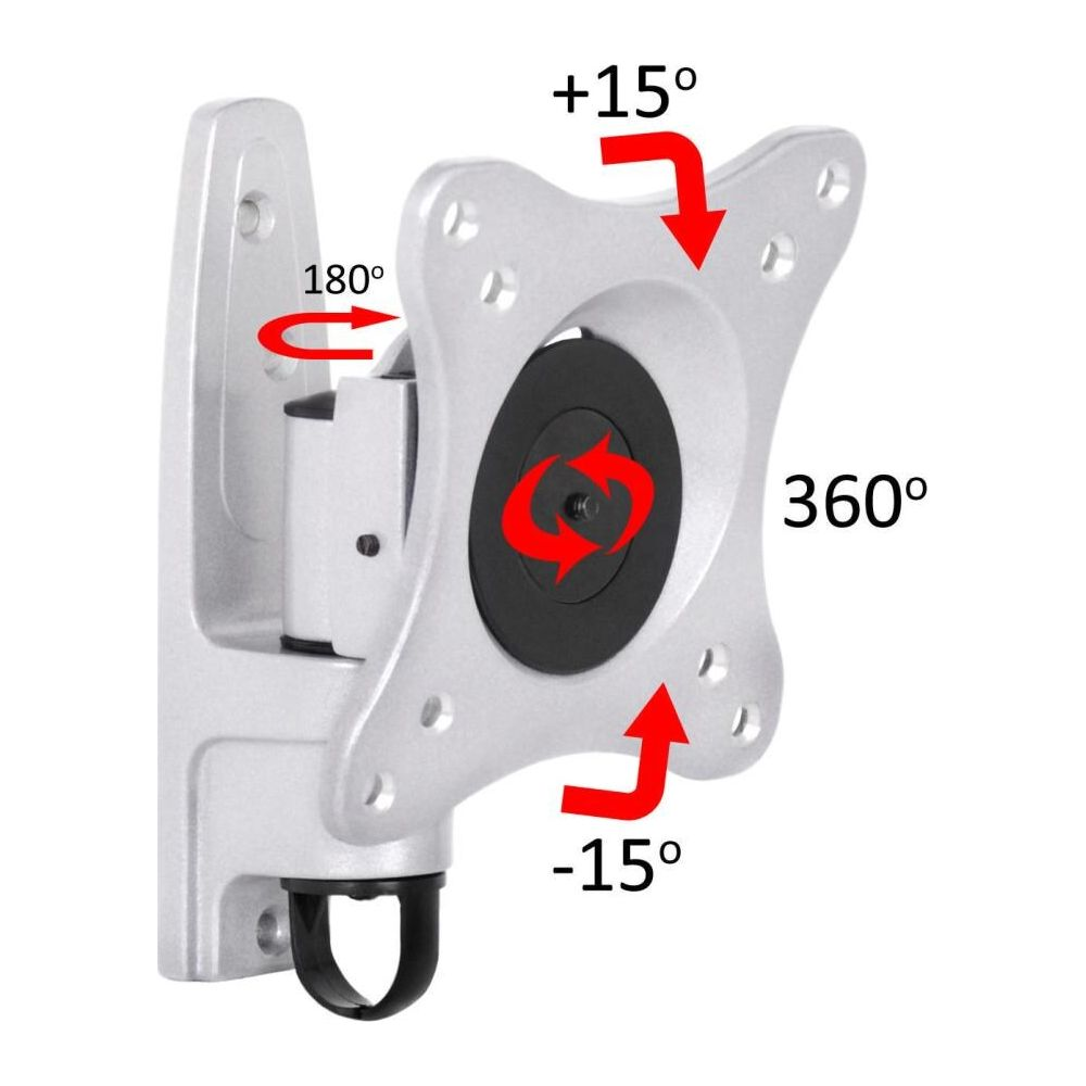 Bras argenté pour moniteur avec angles: 180°, +15°, -15°, 360°.