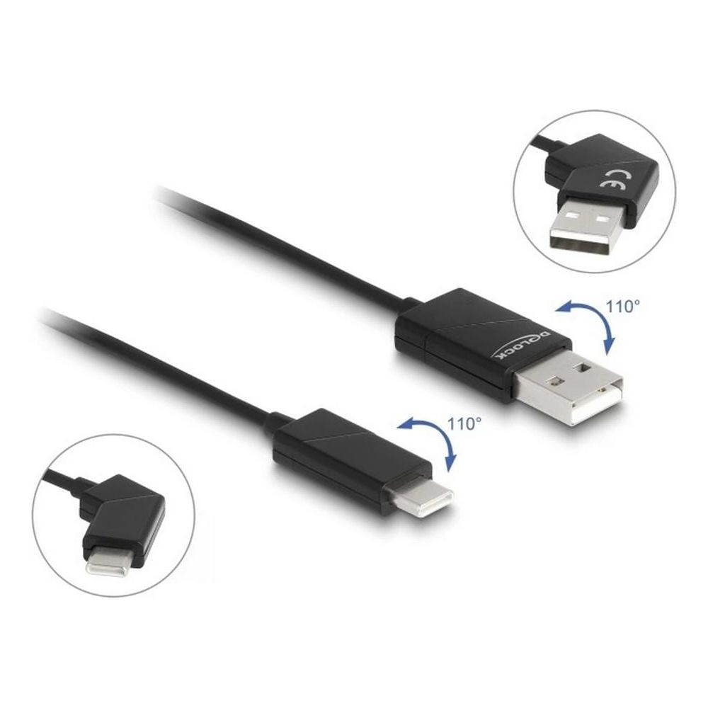 Zwei schwarze Ladekabel mit USB-A und USB-C-Anschlüssen, 110-Grad-Winkel.