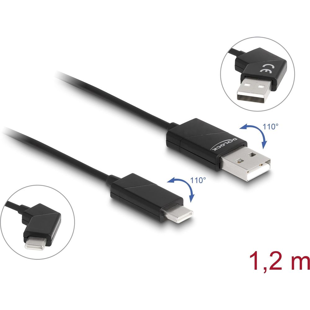 Schwarzes USB-C-zu-USB-A-Kabel mit 110°-Drehung, 1,2 m lang.