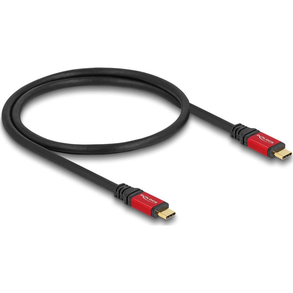 Schwarzes USB-C-Kabel mit roten Steckern und goldenen Kontakten.