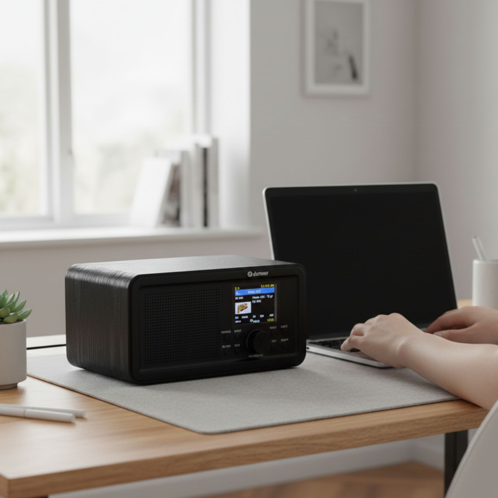 Radio e laptop neri su una scrivania con libri e finestra sullo sfondo.