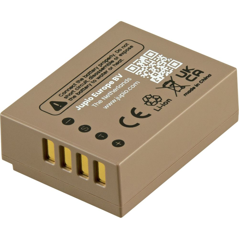 Batteria Jupio Li-ion marrone con contatti e simboli di avvertimento.