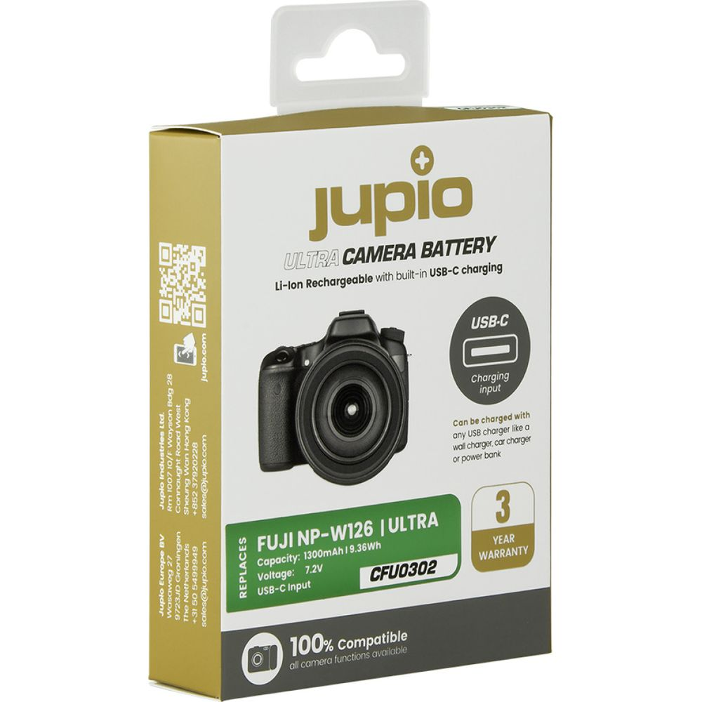 Scatola batteria Jupio per fotocamera con immagine di fotocamera e indicatore di ricarica USB-C.