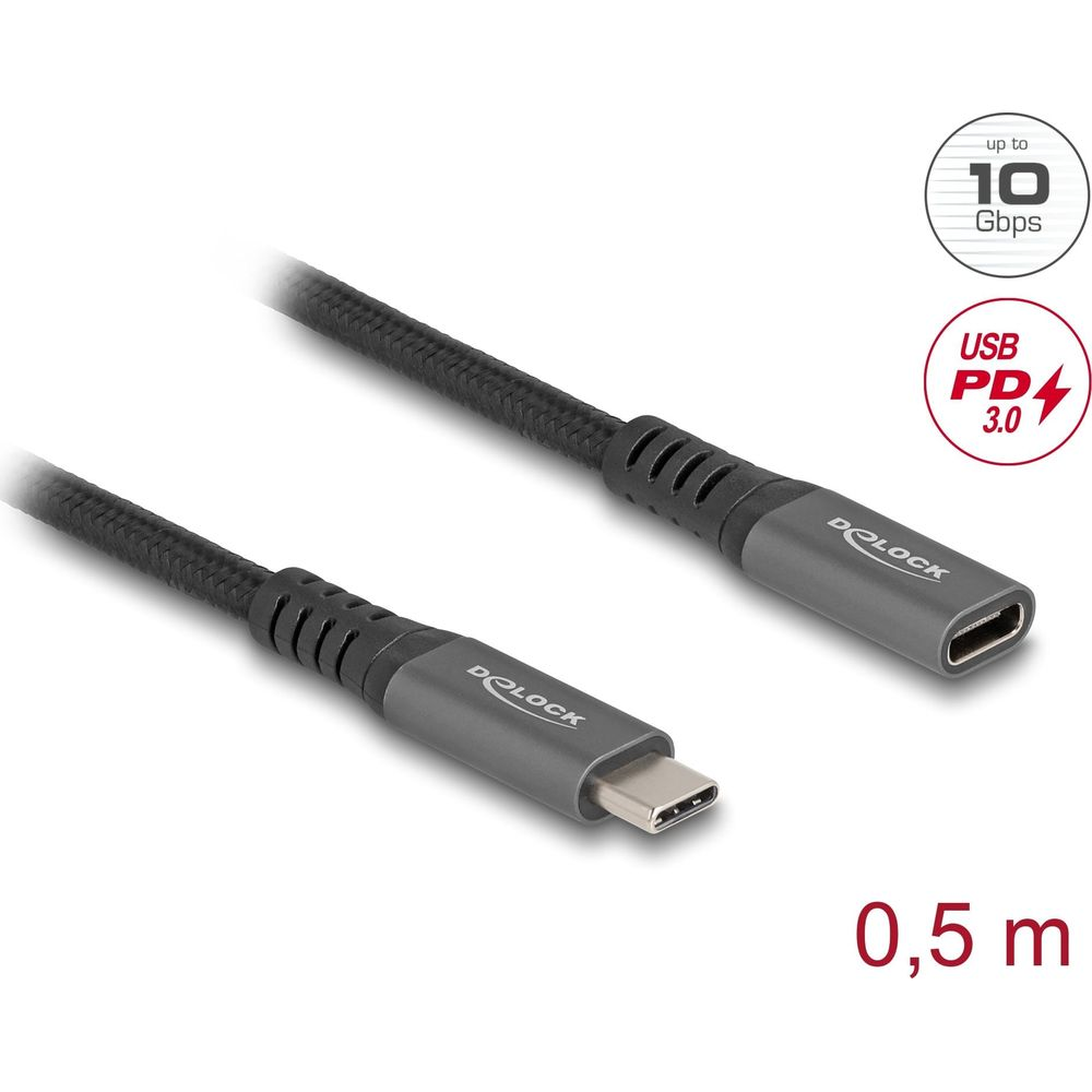 Ein schwarzes USB-C-Kabel mit zwei Steckern, 0,5 m lang, unterstützt 10 Gbps und PD 3.0.