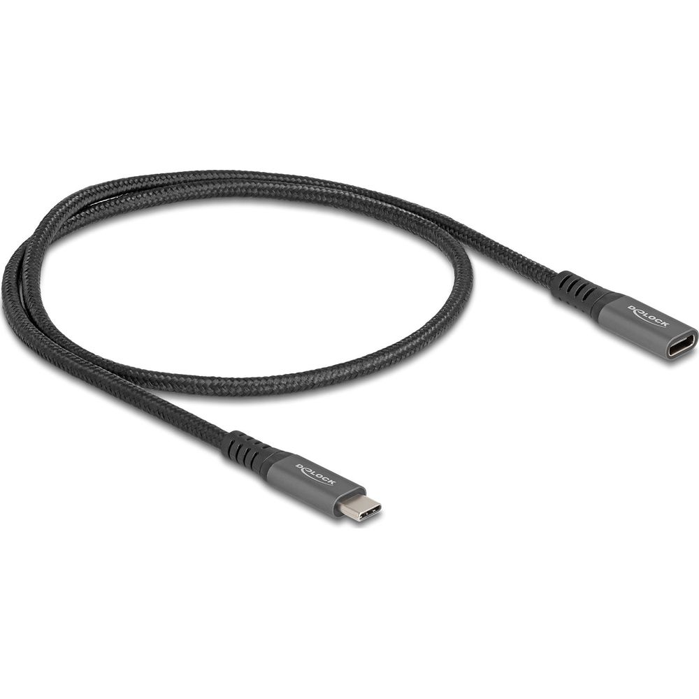 Ein schwarzes DVI-Kabel mit USB-C-Anschlüssen an beiden Enden ist auf weißem Hintergrund aufgerollt.
