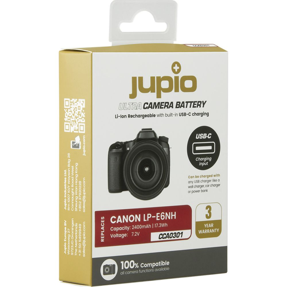 Scatola batteria Jupio per fotocamera con immagine fotocamera e indicatore di ricarica USB-C.