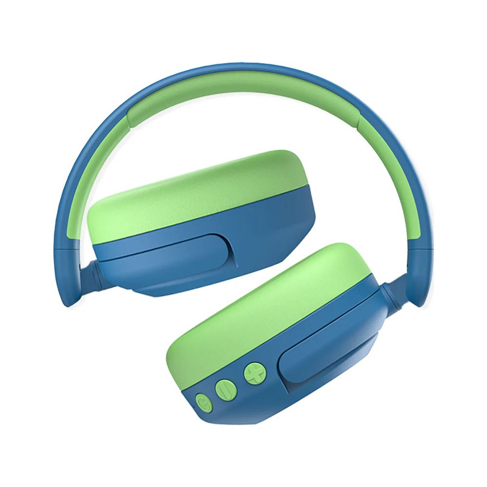 Casque bleu et vert avec arceau et écouteurs rembourrés. Plié.