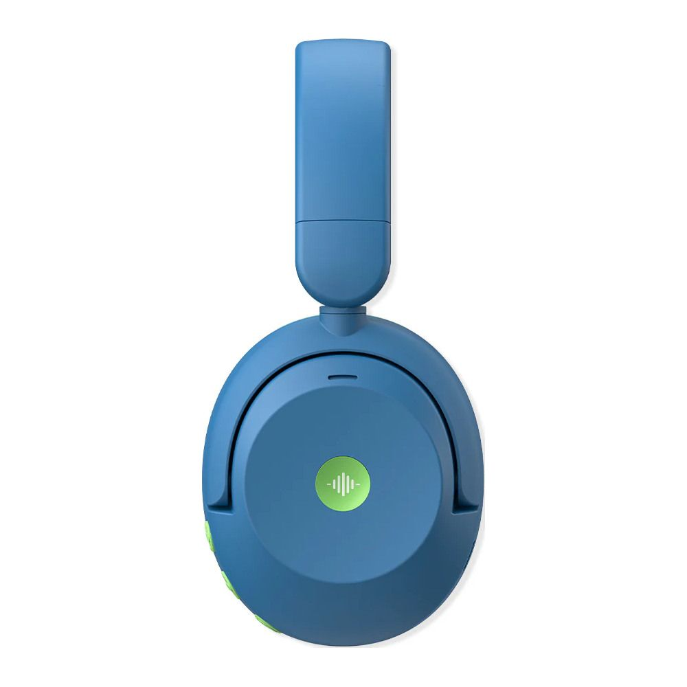 Casque bleu avec une icône de haut-parleur verte sur le coussinet.
