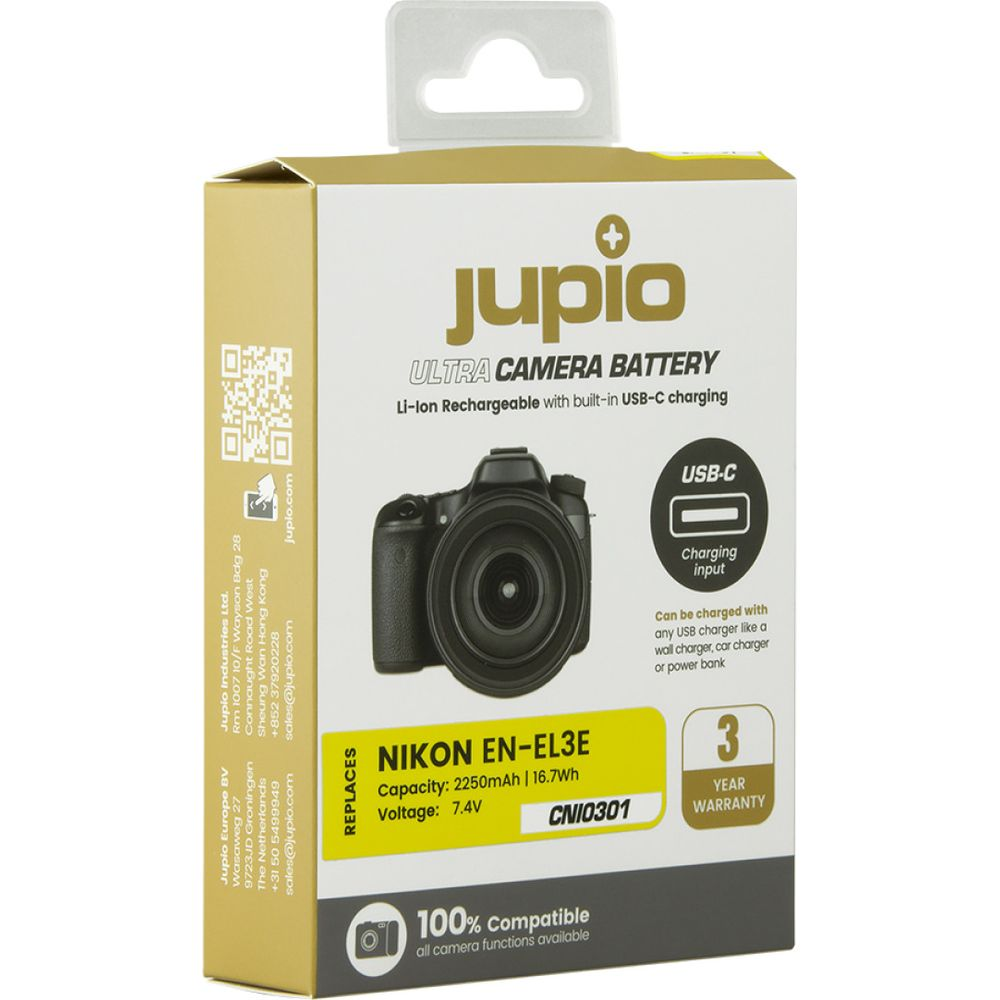 Confezione batteria Jupio per fotocamera Nikon EN-EL3e con ricarica USB-C.