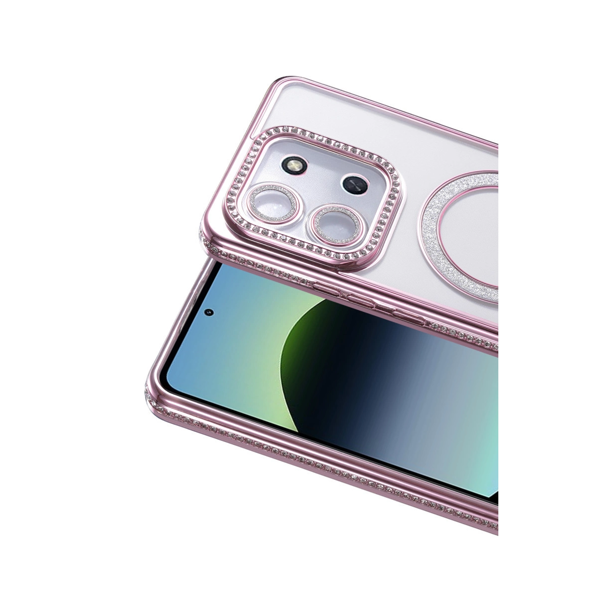 Pembe telefon kılıfı, kamera ve kenarında parlak detaylar. Ekranın bir kısmını gösterir.