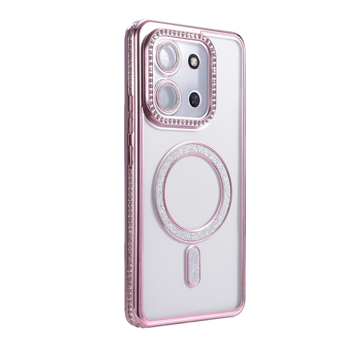 Pembe kenarlı ve sim detaylı şeffaf telefon kılıfı, kamera lensleri görünüyor.