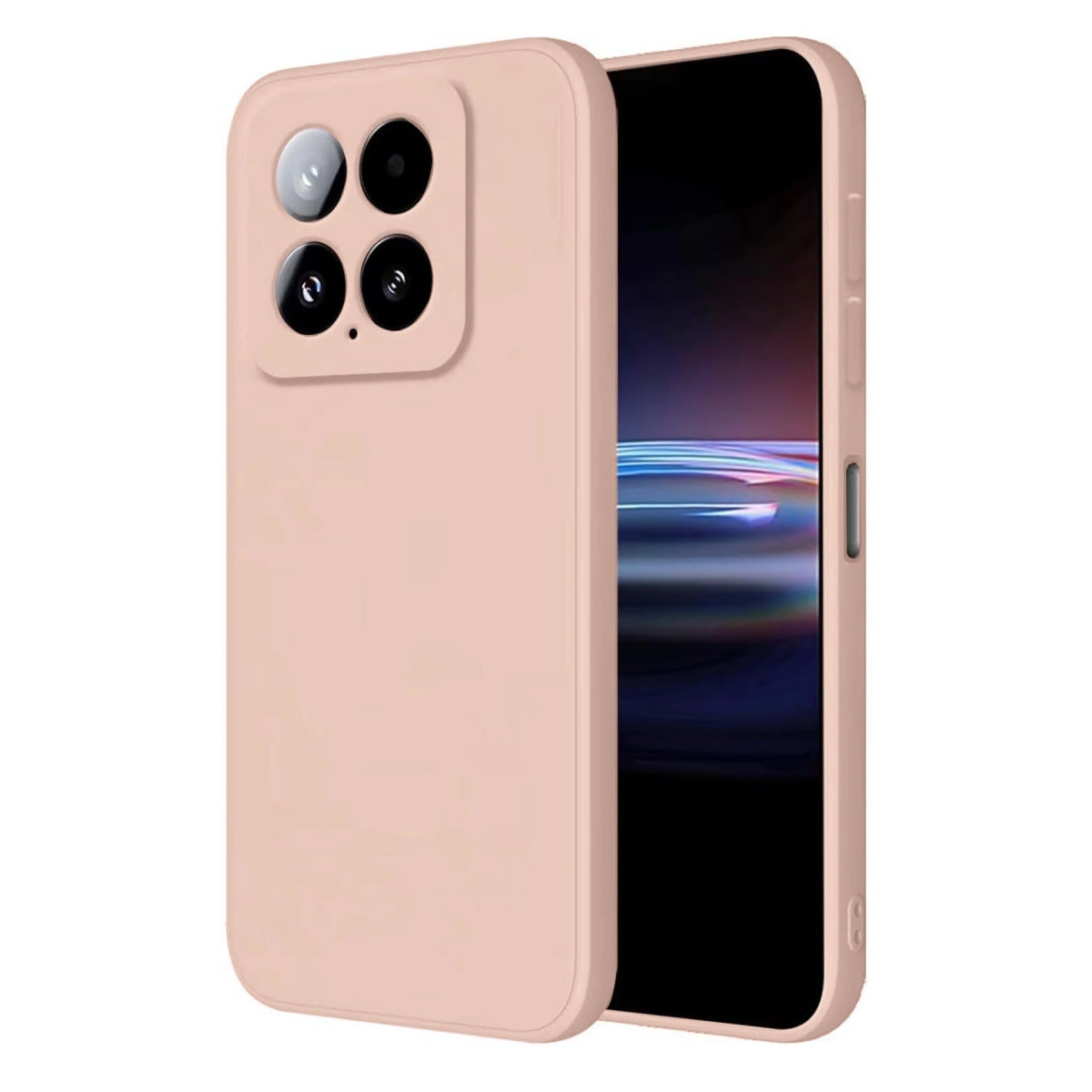 Dört kameralı açık pembe telefon kılıfı, koyu ekranlı bir telefonun yanında gösteriliyor.
