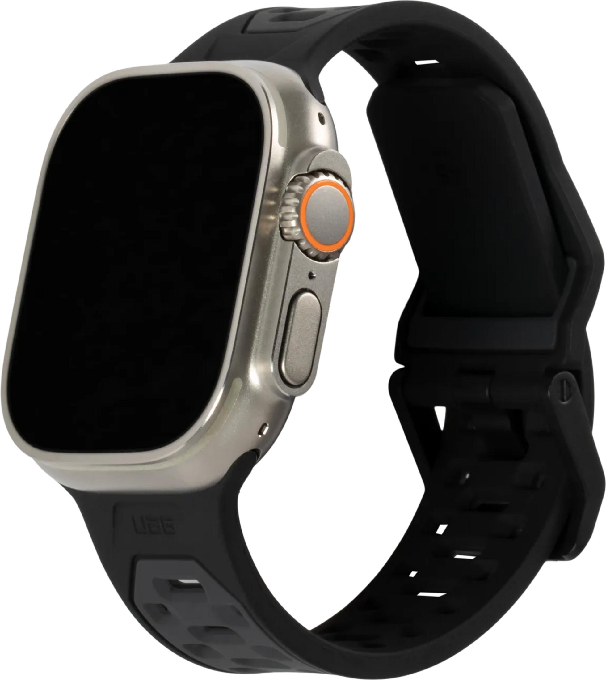 Srebrny smartwatch z czarnym paskiem na białym tle.