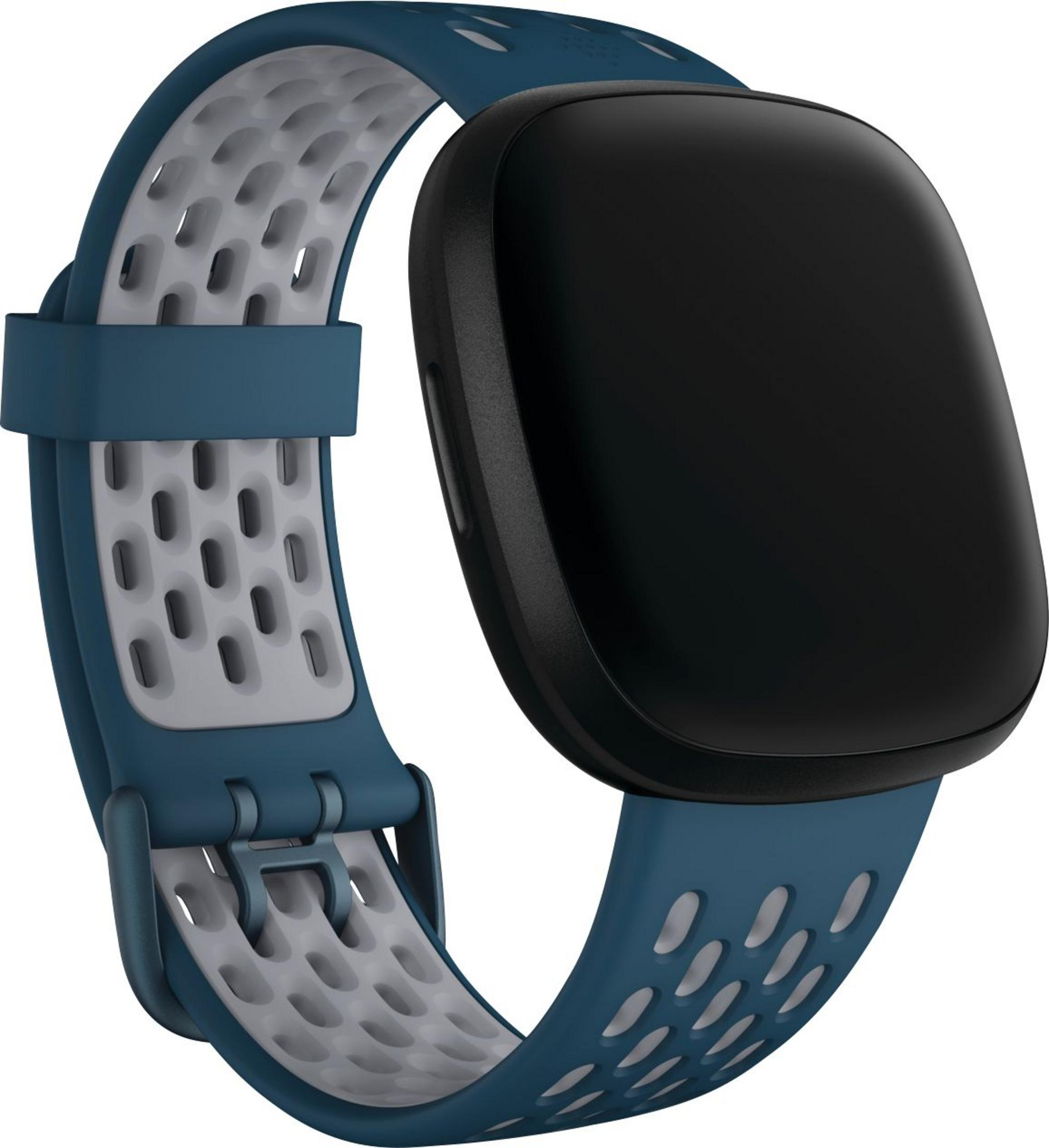 Eine dunkelblaue Smartwatch mit einem schwarzen Display und einem zweifarbigen Armband.