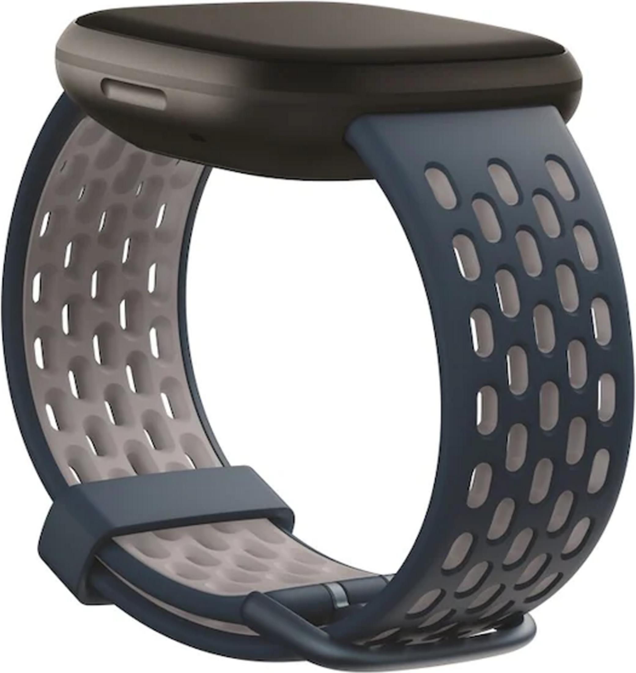 Ein dunkelgraues Smartwatch-Armband mit
lila Akzenten und Perforationen.