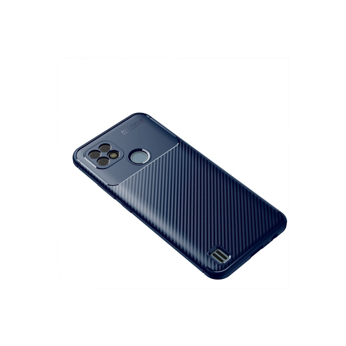 Karbon fiber desenli lacivert telefon kılıfı, kamera ve parmak izi sensörü.