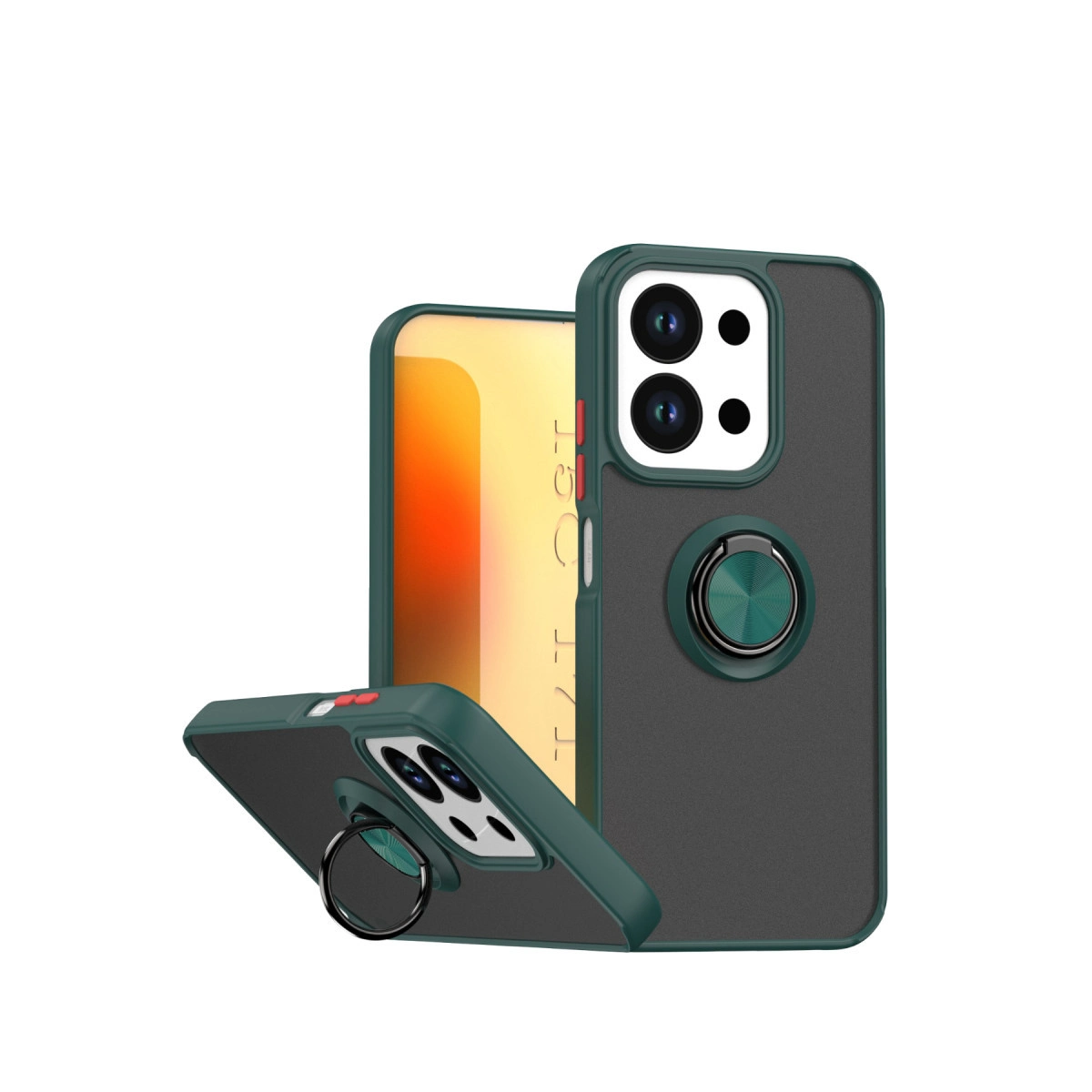 Beyaz arka plan üzerinde halka tutuculu ve kamera kesimli koyu yeşil telefon kılıfları.