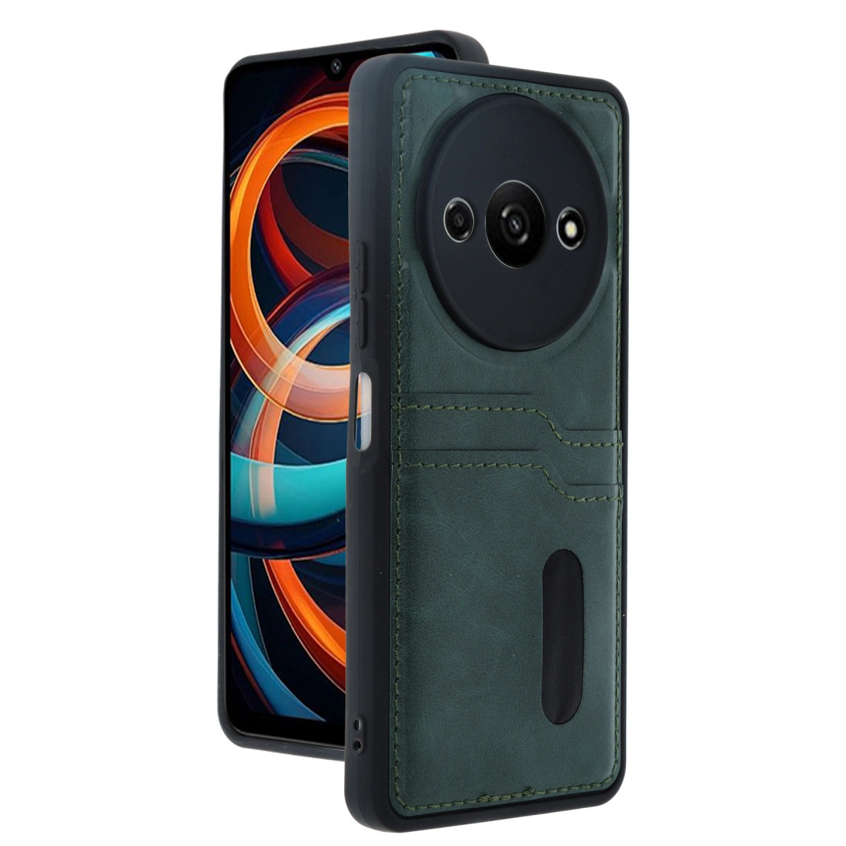 Koyu yeşil telefon kılıfı, kart yuvaları ve dairesel kamera modülü.