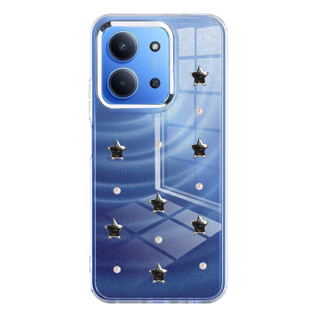 Yıldız ve inci detaylı mavi telefon kılıfı. Üstte kamera modülü.
