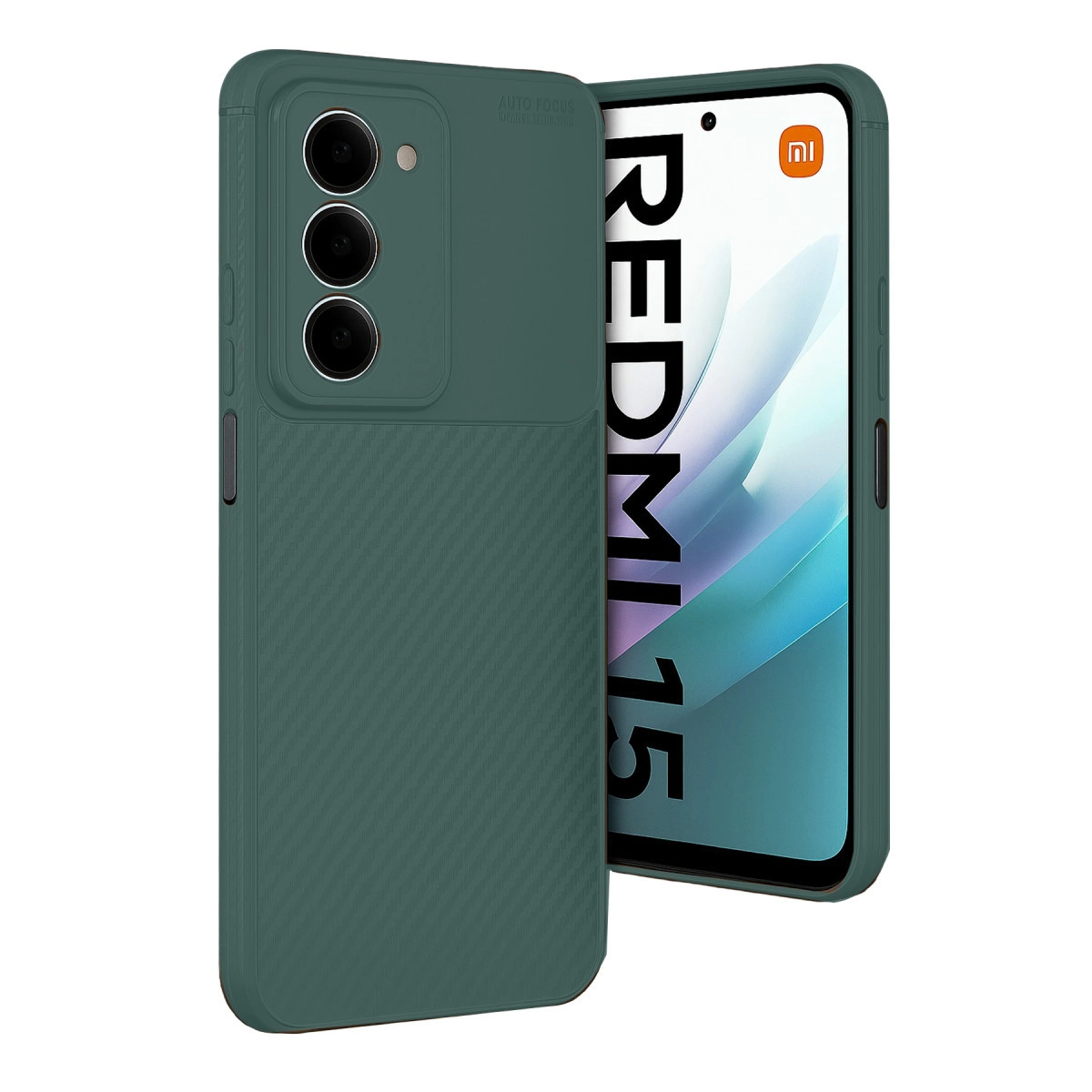 Üçlü kameraya sahip yeşil telefon kılıfı, "REDMI 15" yazılı telefonun yanında