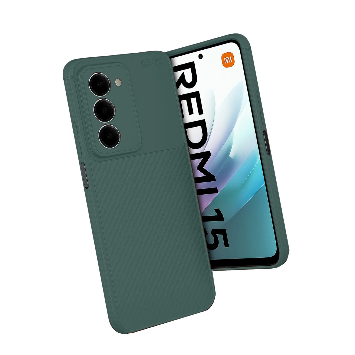 Üç kamera lensli yeşil telefon kılıfı ve "REDMI 15" yazılı telefon.